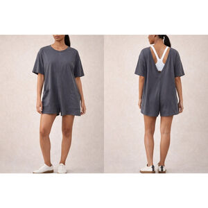 FP Movement Free People Hot Shot Tee Romper Black Medium NWT Pockets V Back